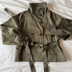 Women's Olive Green Double-Breasted Trench Coat with Belt